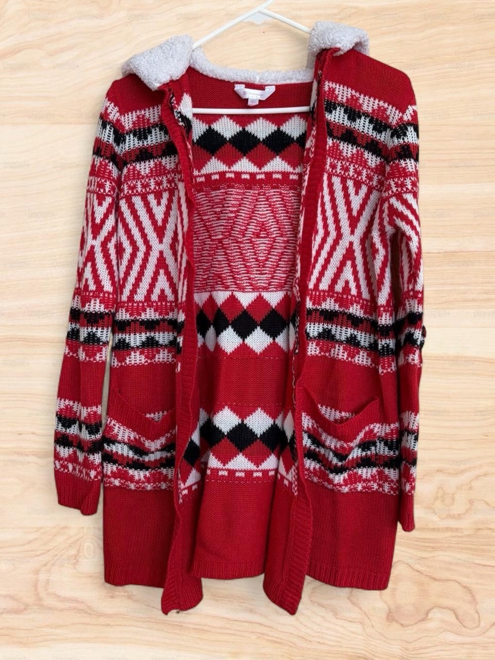 No Boundries Women’s Red Open-Front Hooded Sweater Cardigan, Small